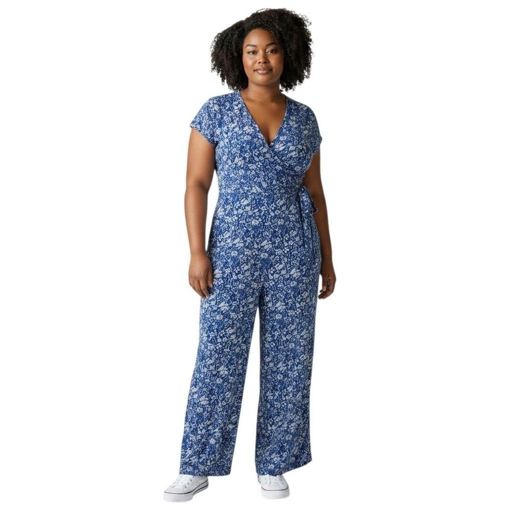Gilli 1X Blue White Floral Wide Leg Jumpsuit Faux Wrap Tie Waist Pocket